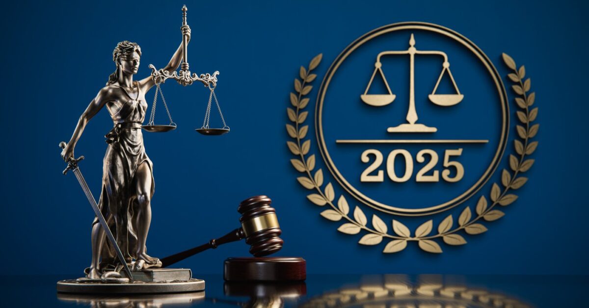 2025: Themis and judge's gavel in the background of a golden icon with text